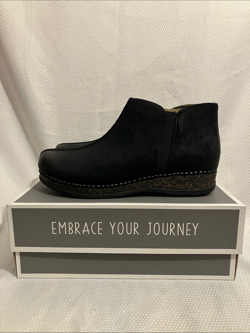 Dansko Black Wedge Ankle Bootie with Cork-Style Sole
